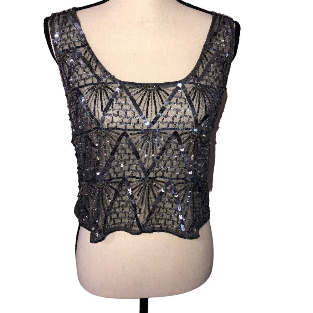 Art Deco Top Size 10 Gunmetal Sequins Beaded Sheer Mesh Sparkle Tank Cami Party